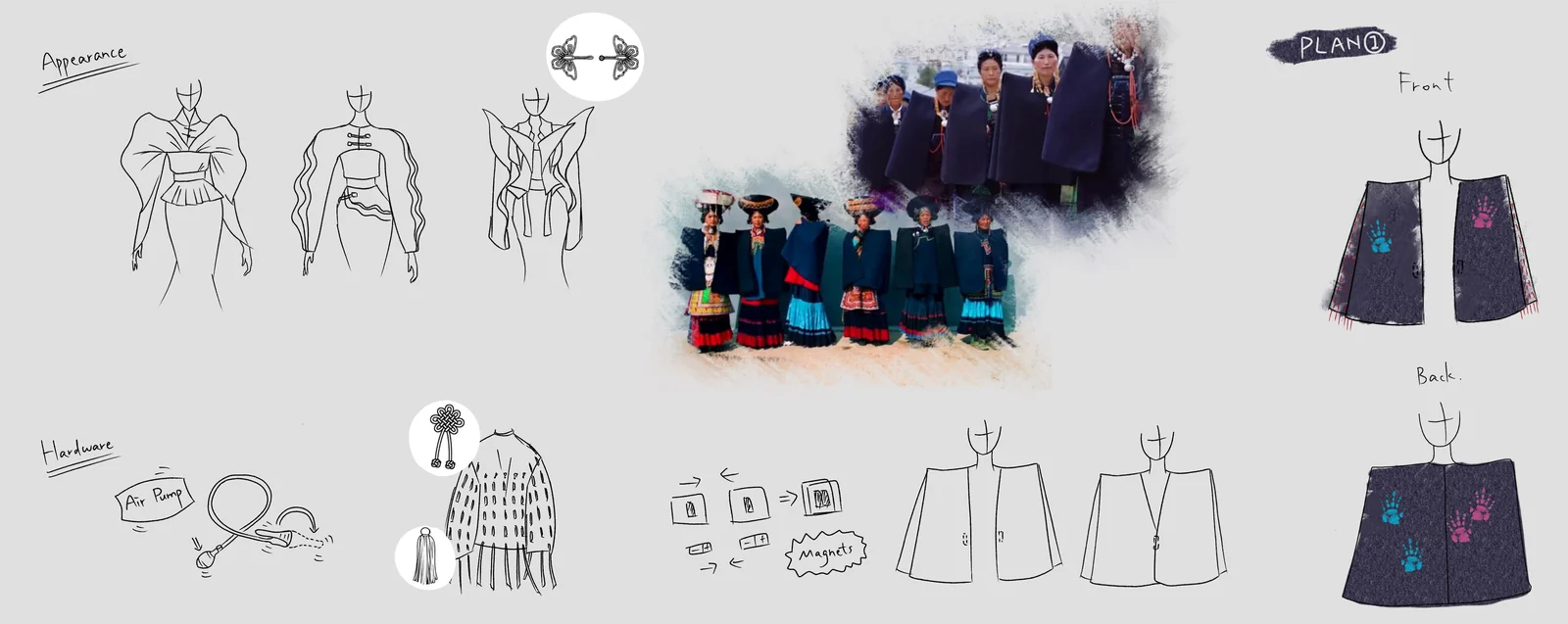 Original garment sketches exploring cloak-inspired shoulders, flowing sleeves, and the placement of interactive fabric.