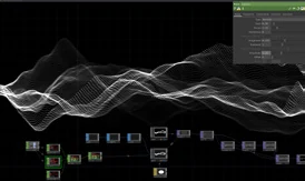 A TouchDesigner workspace shows a white layered waveform above a network of connected nodes.