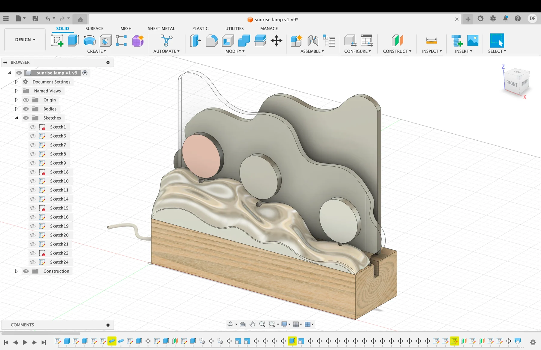 A Fusion 360 model shows the layered installation, three coin forms, and a rectangular base.