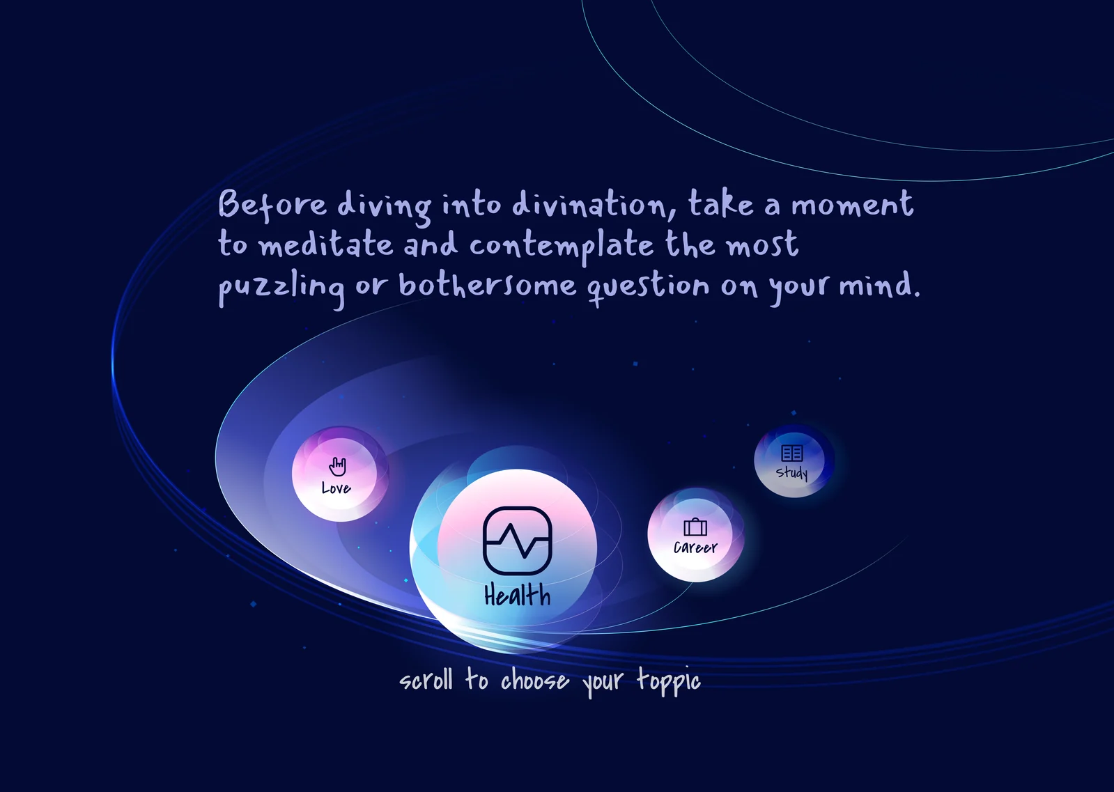 A deep-blue interface invites the visitor to meditate and consider a question.