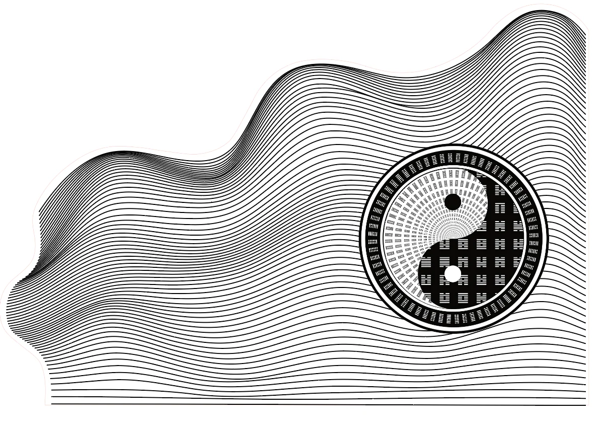 An Illustrator drawing shows closely spaced curved lines and a circular Bagua motif.
