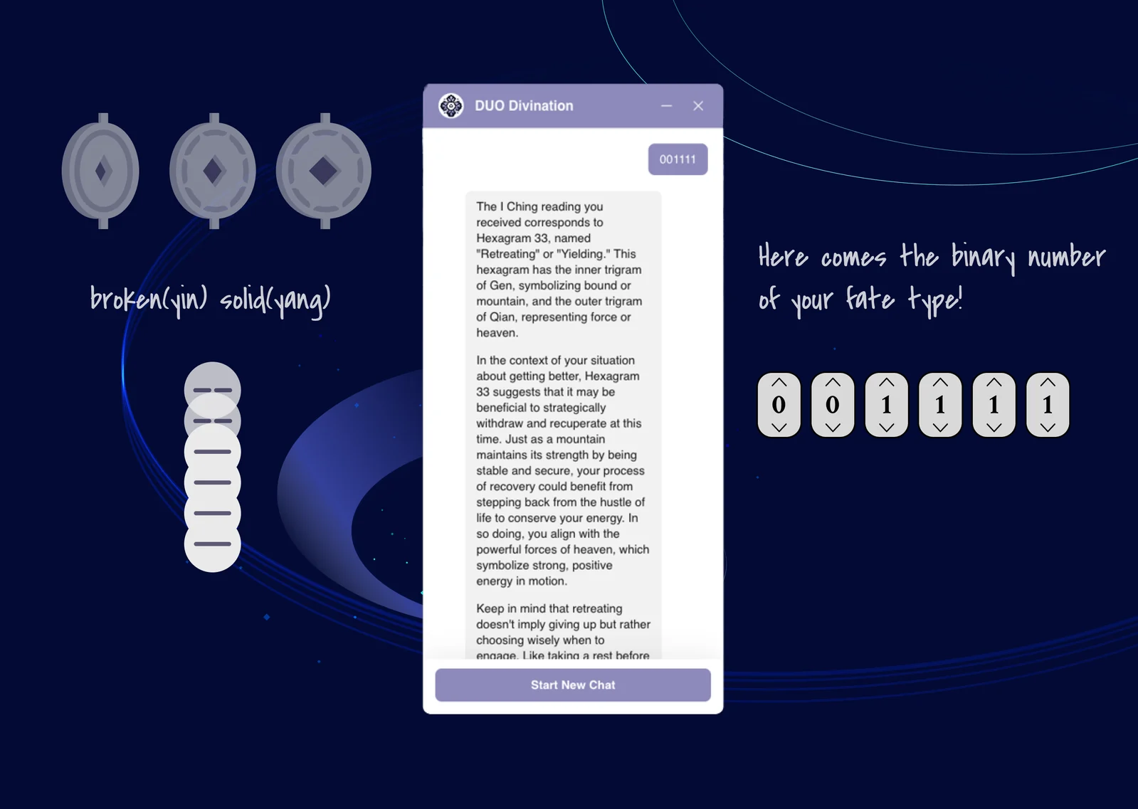 Virtual coins, a conversational reading, and a six-line result appear together in the web interface.