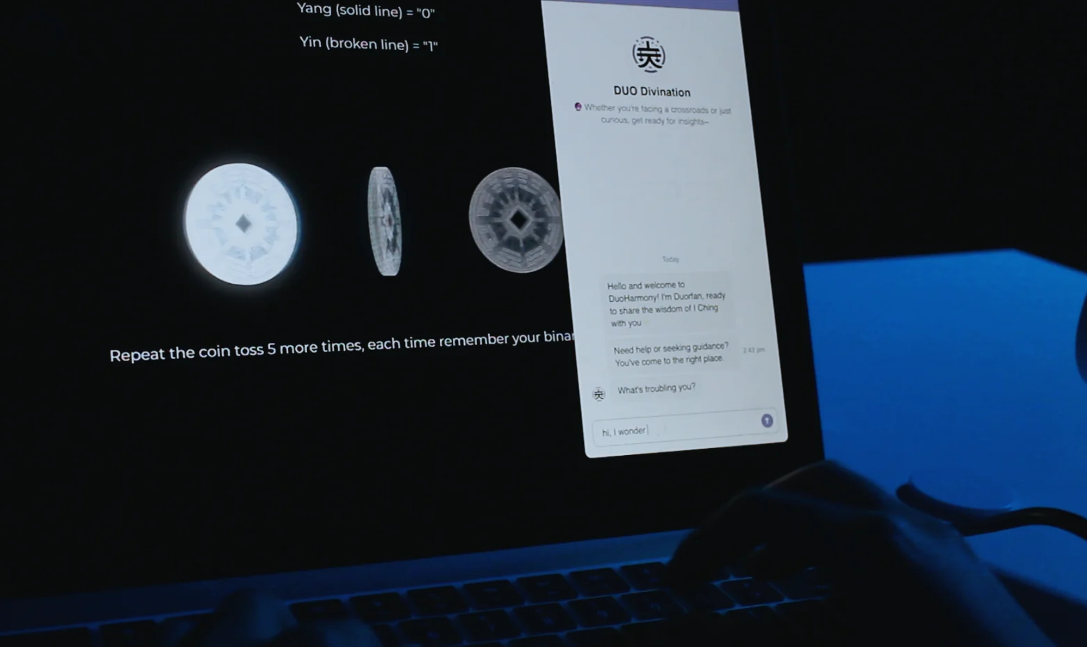 A laptop shows the virtual coin interaction and an AI-generated reading.