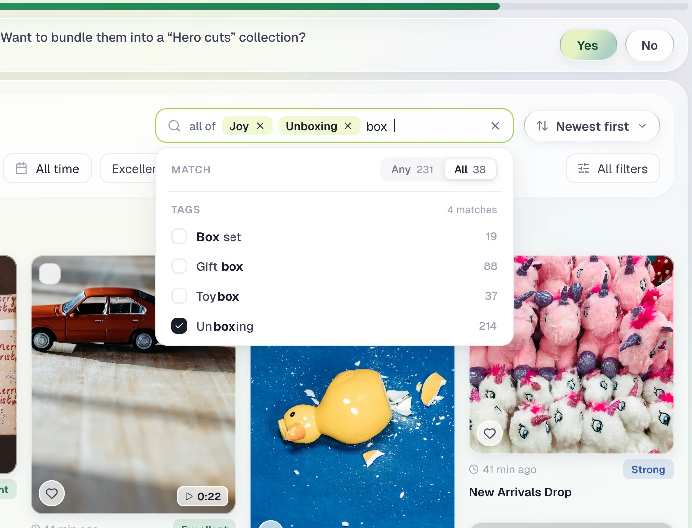 Asset Library search for box returns matching tags including Box set, Gift box, Toybox, and Unboxing.